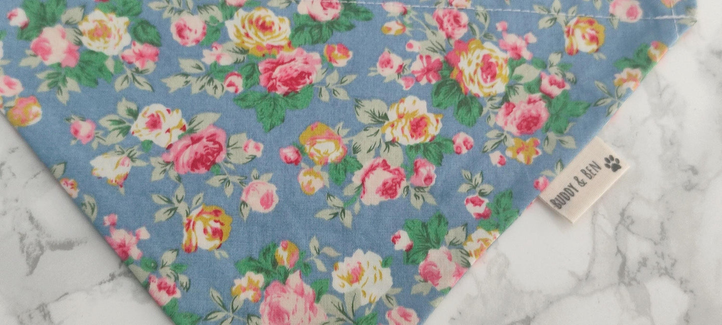 Blue rose floral dog bandana - over the collar, floral bandana