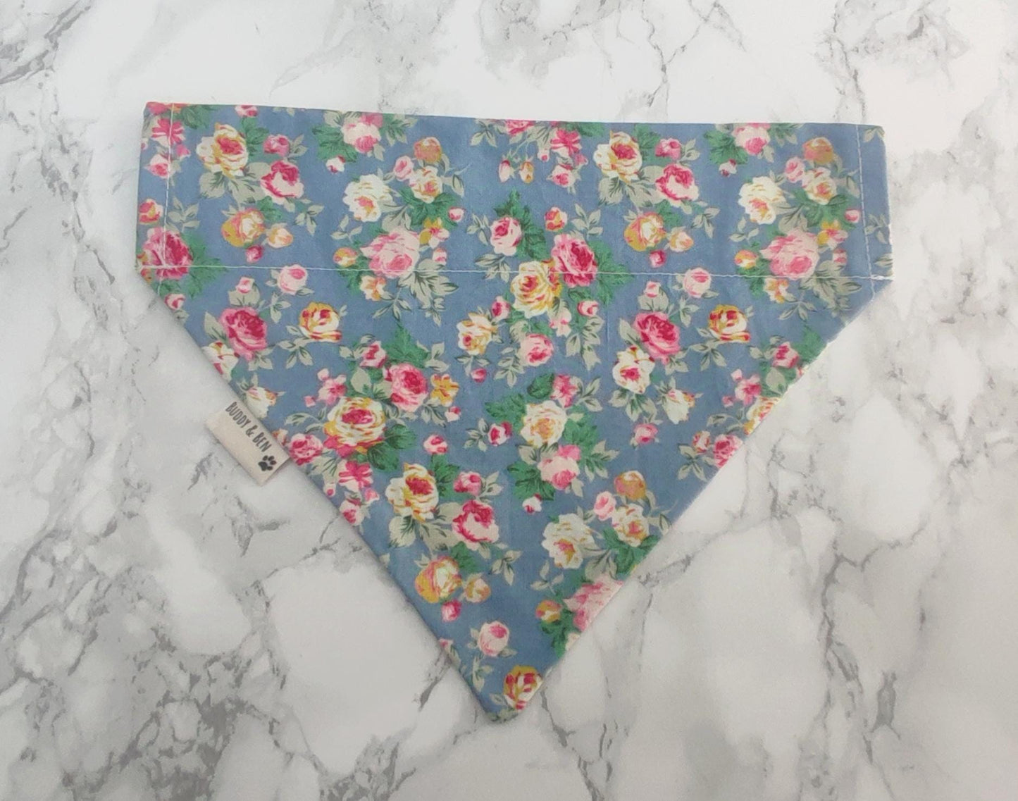 Blue rose floral dog bandana - over the collar, floral bandana