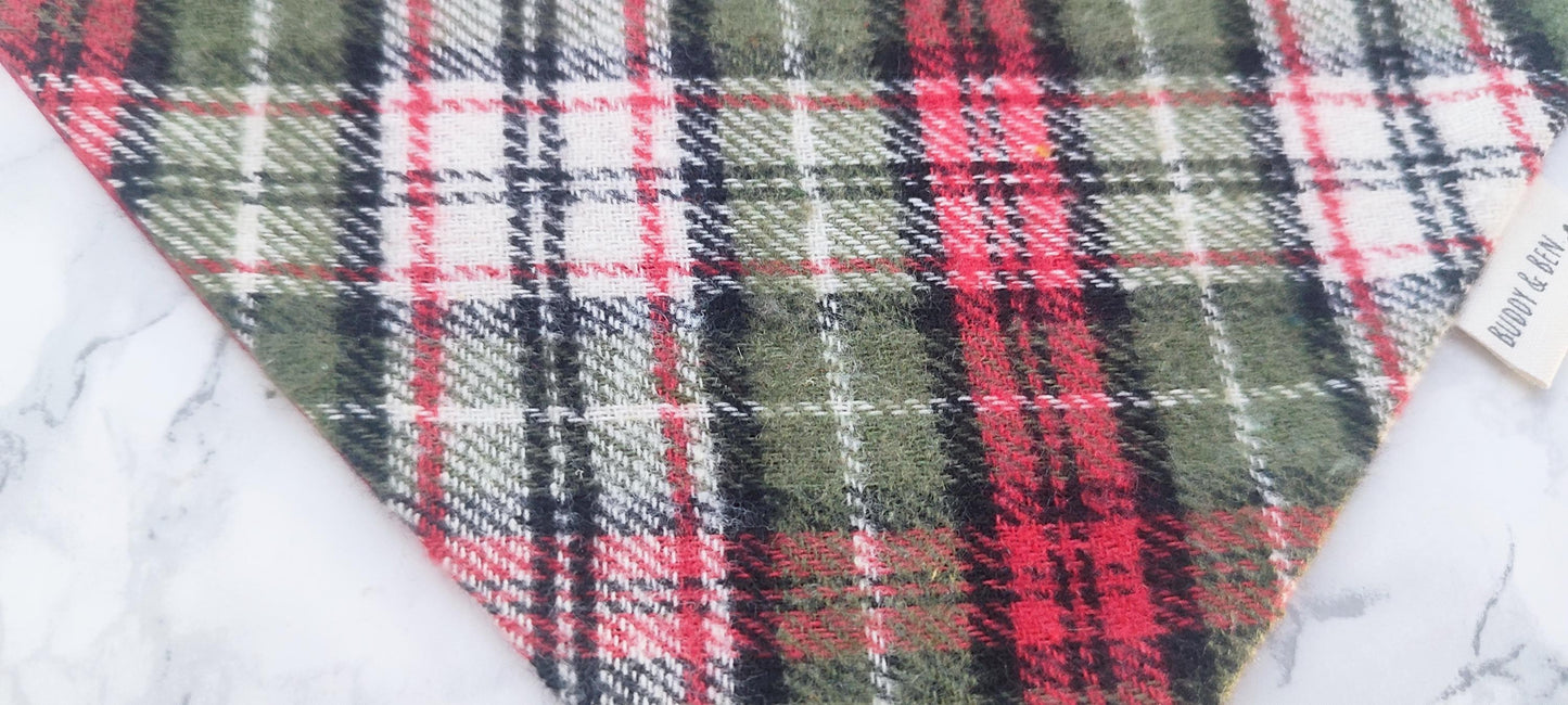 Red, green and white tweed style Dog Bandana - over the collar
