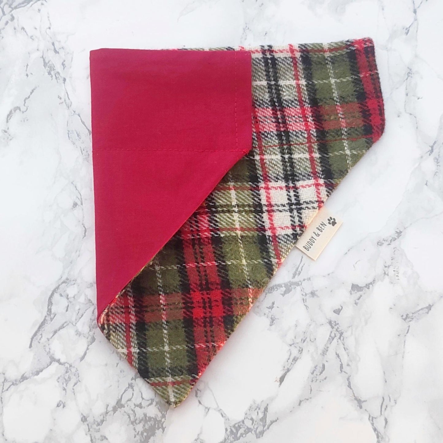 Red, green and white tweed style Dog Bandana - over the collar