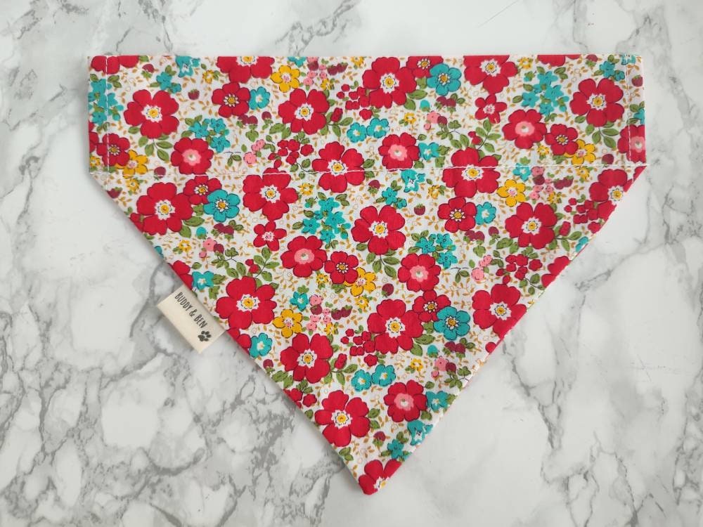 Red floral dog bandana - over the collar dog bandana