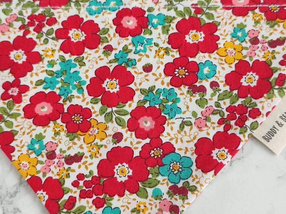 Red floral dog bandana - over the collar dog bandana