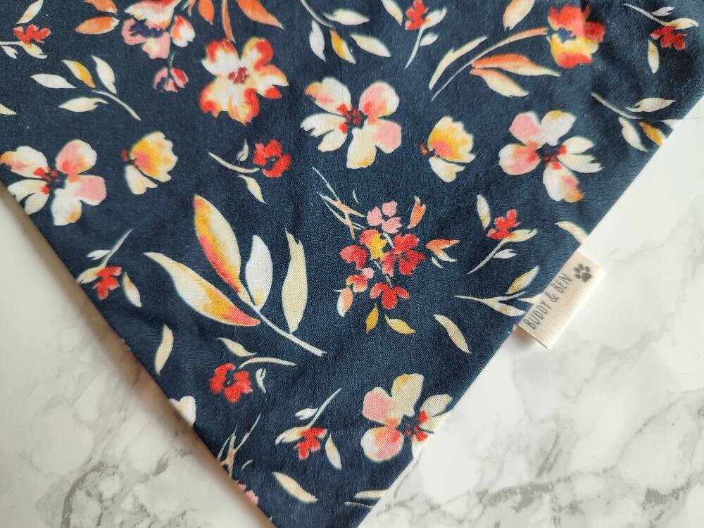 Autumn walks dog bandana - over the collar, navy floral bandana