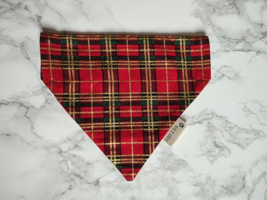 Red and Gold Tartan Style Dog Bandana - over the collar