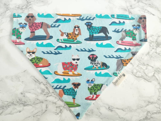 Surfs Pup! Surfing Dogs Dog bandana - coastal seaside dog bandana over the collar