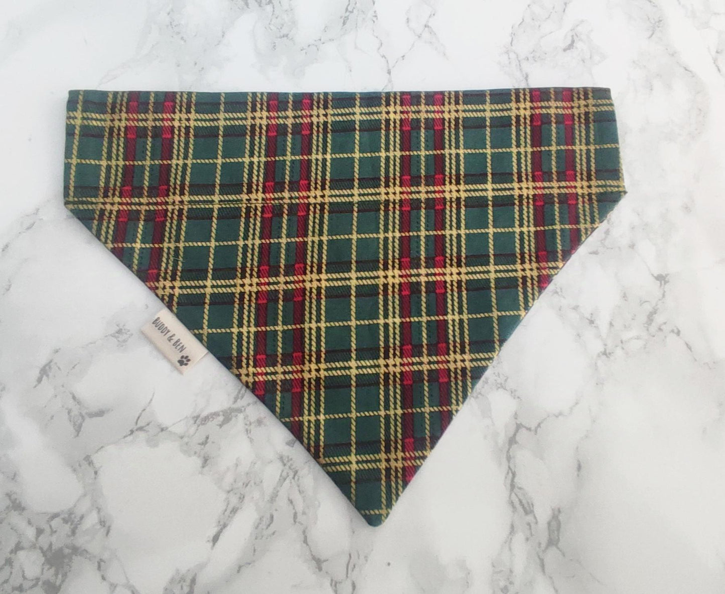 Green and Gold Tartan Style Dog Bandana - over the collar