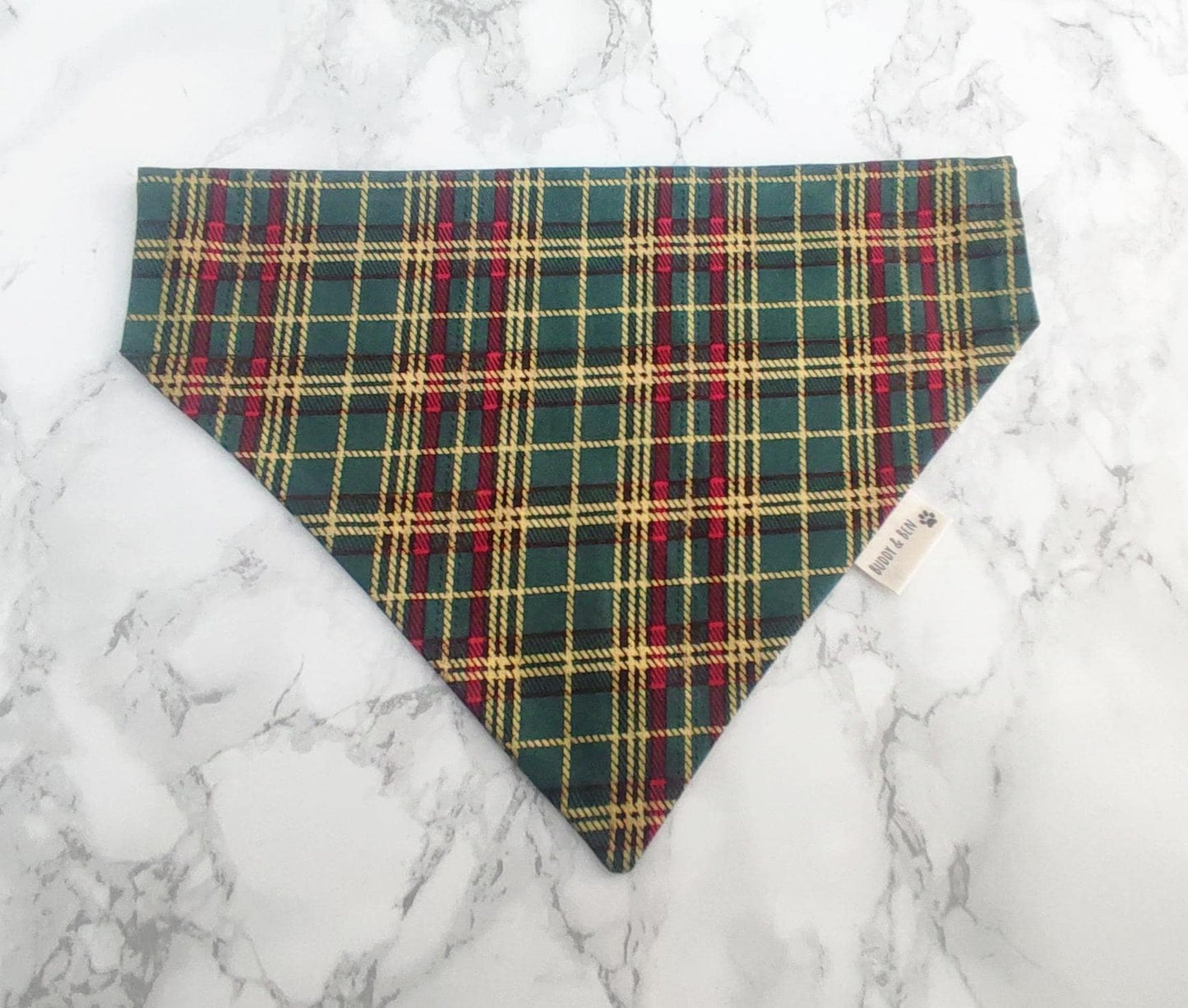 Green and Gold Tartan Style Dog Bandana - over the collar