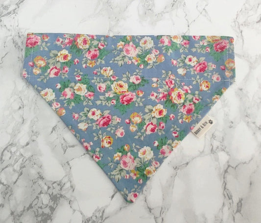 Blue rose floral dog bandana - over the collar, floral bandana
