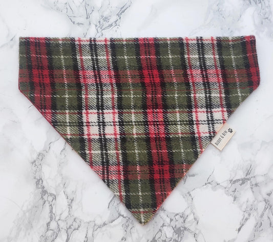 Red, green and white tweed style Dog Bandana - over the collar