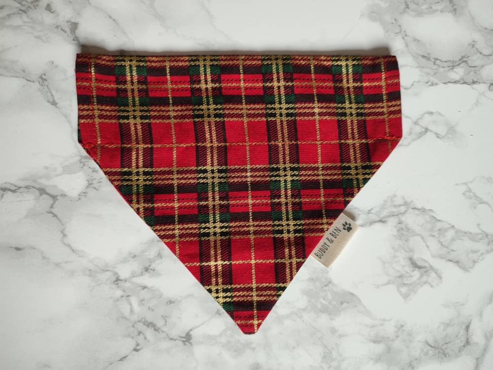Red and Gold Tartan Style Dog Bandana - over the collar