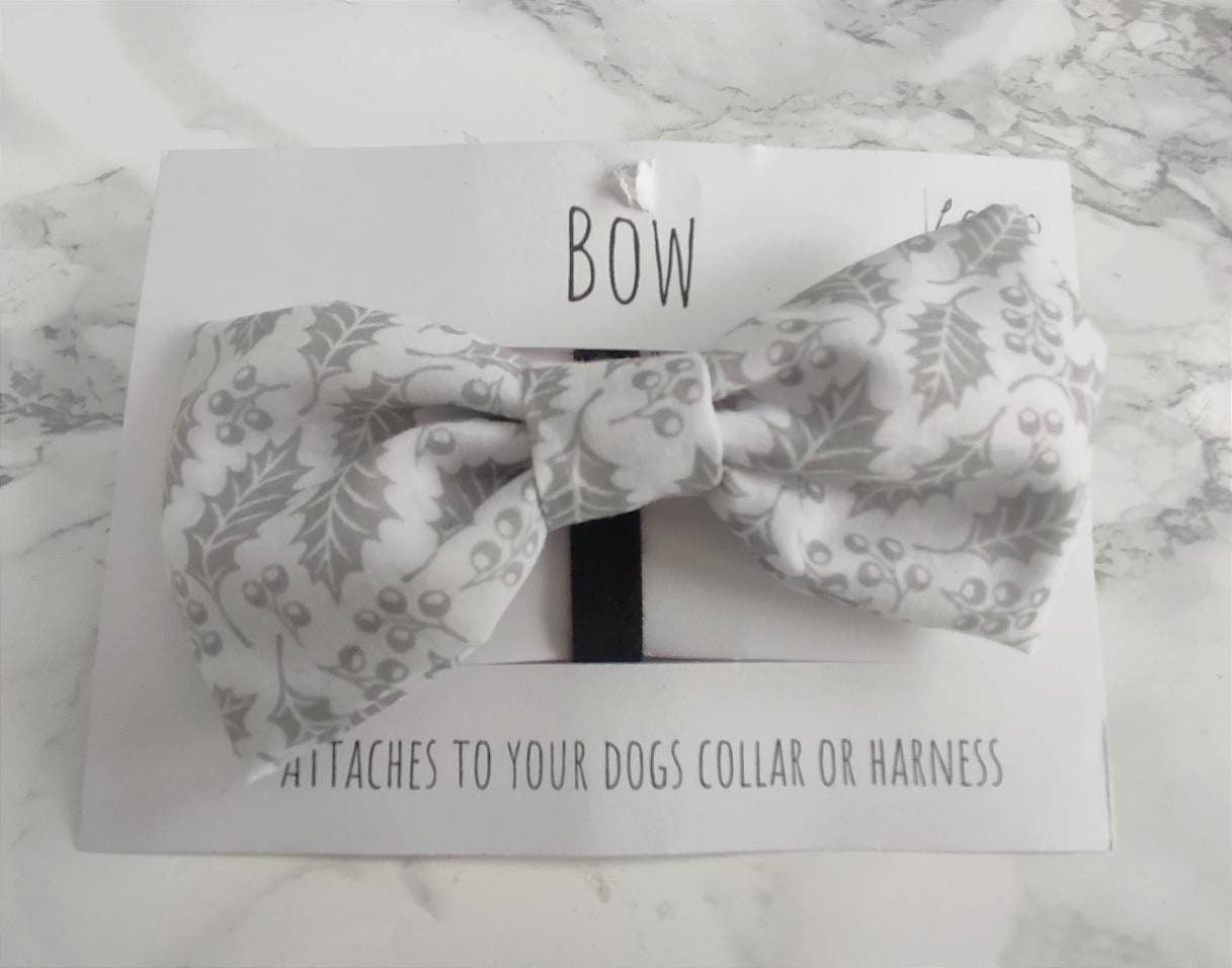 Holly Christmas dog bow White and grey