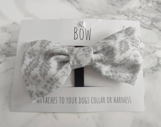 Holly Christmas dog bow White and grey