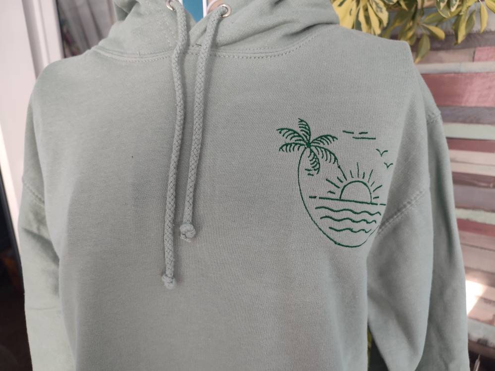 Beach palm tree embroidered hoodie - sage green
