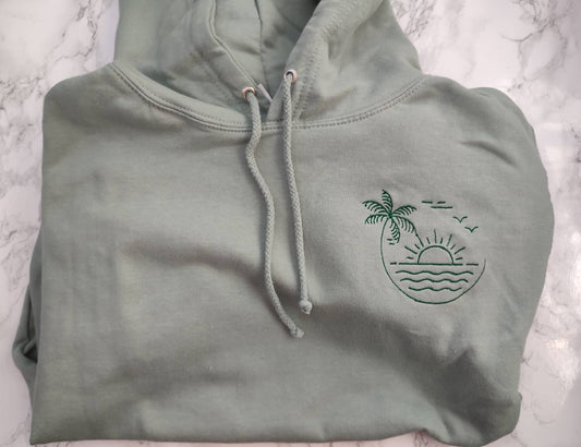 Beach palm tree embroidered hoodie - sage green
