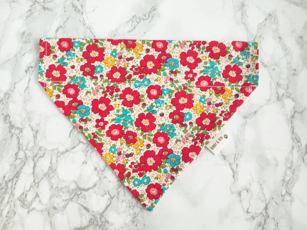 Red floral dog bandana - over the collar dog bandana