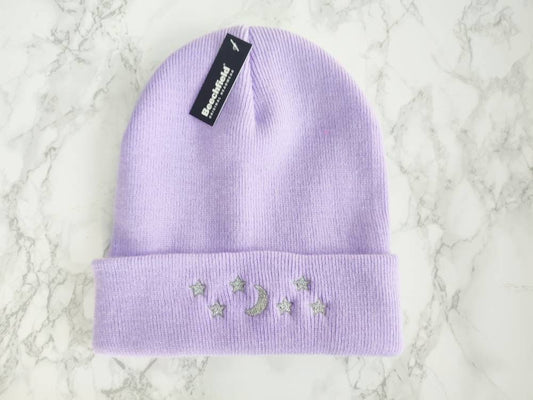 Moon and stars embroidered beanie hat Lilac