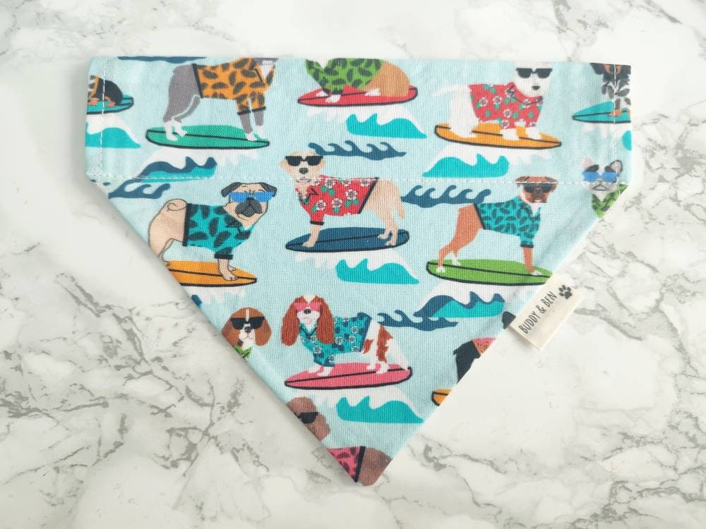 Surfs Pup! Surfing Dogs Dog bandana - coastal seaside dog bandana over the collar